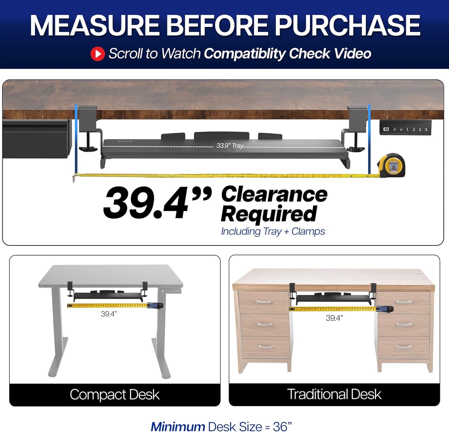 VIVO Large Clamp-on Computer Keyboard and Mouse Under Desk Slider Tray, 27 x 11 inch Pull Out Platform Drawer, White, MOUNT-KB05W