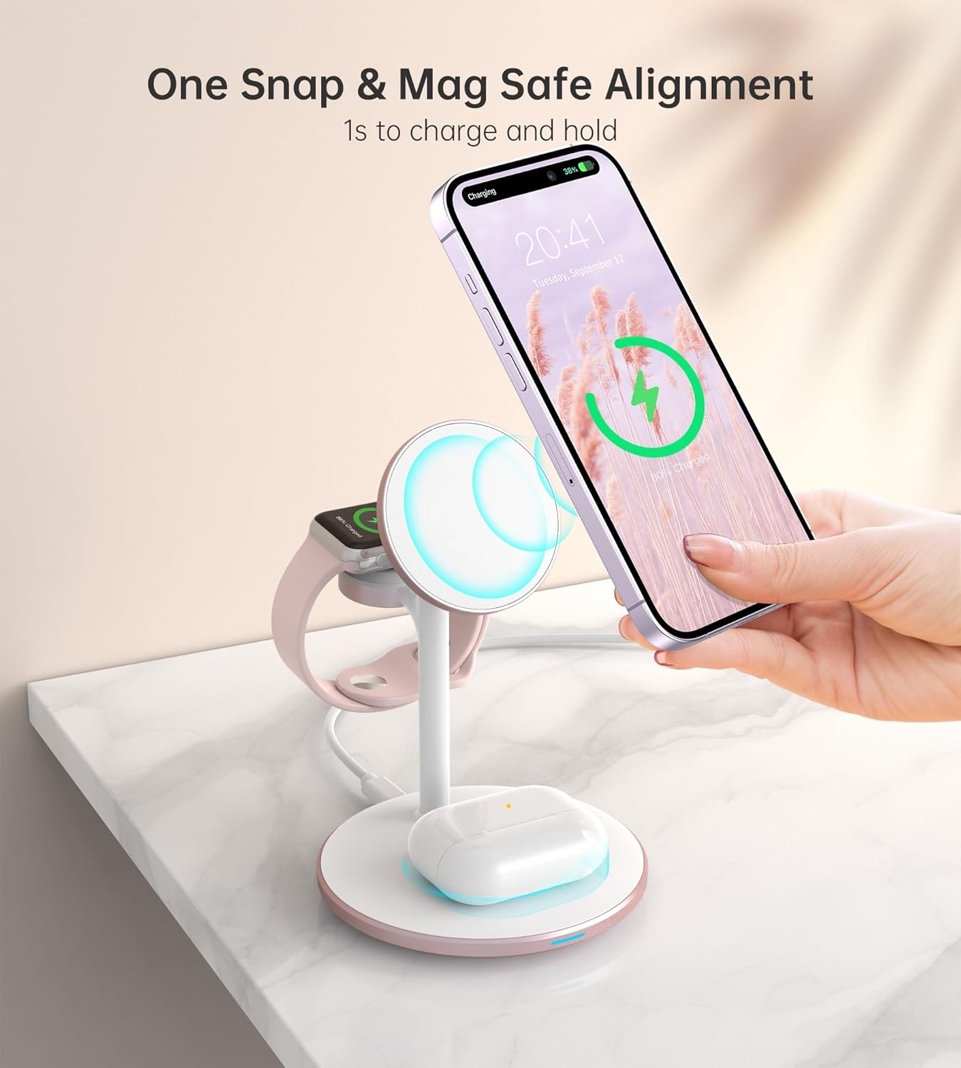 XooFly 3 in 1 Wireless Charging Station for Apple Devices, Fast Wireless Mag-Safe Charger Stand with 20W Adapter for iPhone 17 16 15 14 13 12 Pro Max/Air/Plus/Pro,iWatch,AirPods-Gift for Wife&Husband