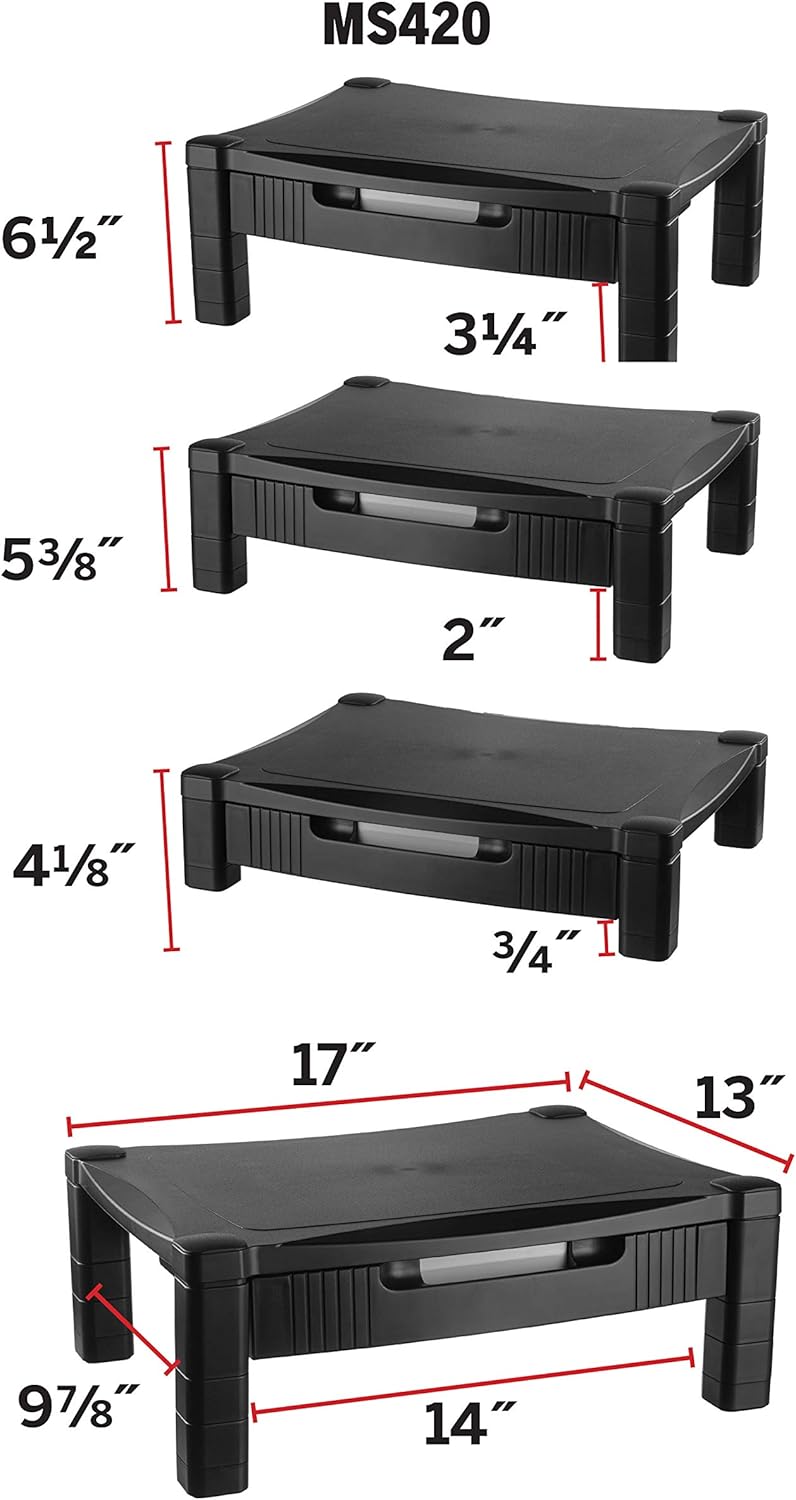 Kantek Single-Level Monitor Stand, 17" X 13.25" X 3" To 6.5", Black, Supports 50 Lbs