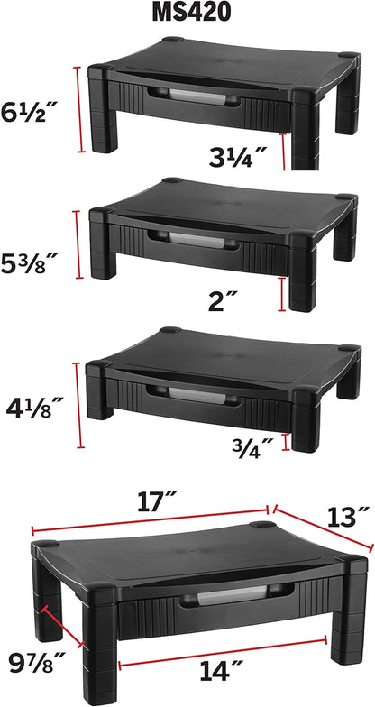 Kantek Single-Level Monitor Stand, 17" X 13.25" X 3" To 6.5", Black, Supports 50 Lbs