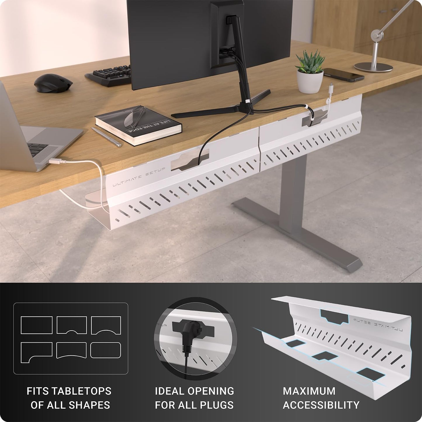 Under Desk Cable Management Tray no Drill – Wire Management - Cord Organizer – Huge Load Capacity – Under Desk Cable Tray no Drill (Black, 2 Pieces Set)