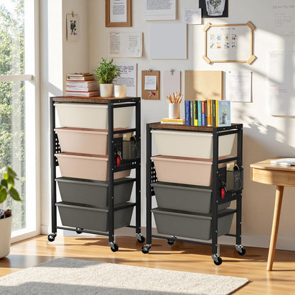 Rolling Cart with 3 Drawers, Plastic Drawer Storage Carts with Lockable Wheels & Wooden Tabletop, Metal Utility Cart Organizer, Office Bedroom Classroom Craft Organization and Storage, Bright White