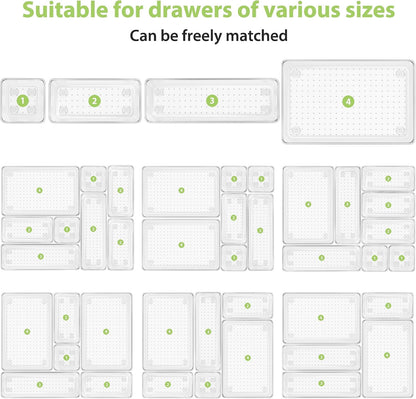 12 Piece Clear Drawer Organizer Set, 3 Sizes Bathroom Vanity Organizer Trays and Storage Bins for Makeup, Cosmetics, Jewelry, and Gadgets. Perfect for Office, Kitchen, Bedroom, Bathroom Use.