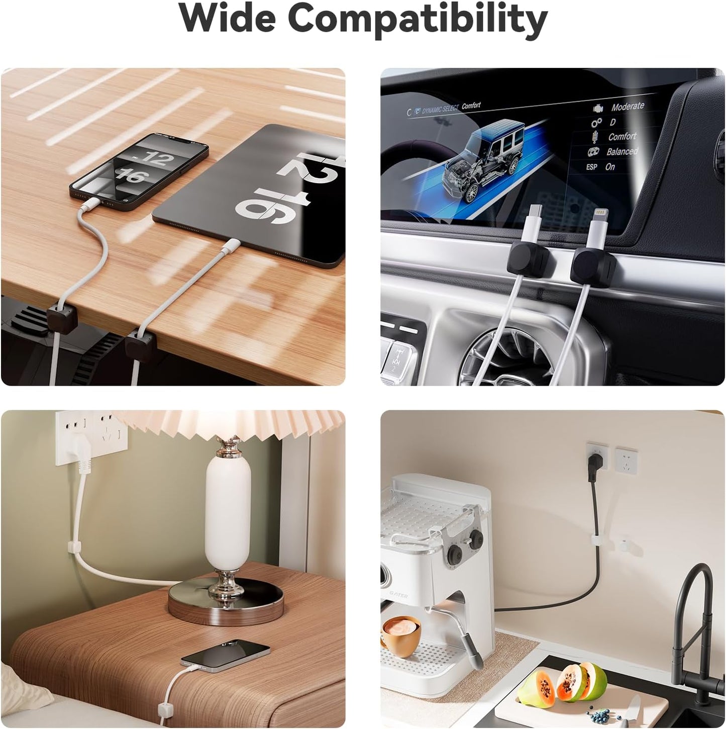 Rotatable Cord Organizer, Enhanced Spring Cable Clips, Strong Adhesive Cable Management, Desk Cord Holder for Nightstand, Office Accessories and Car (4 White + 4 Black)