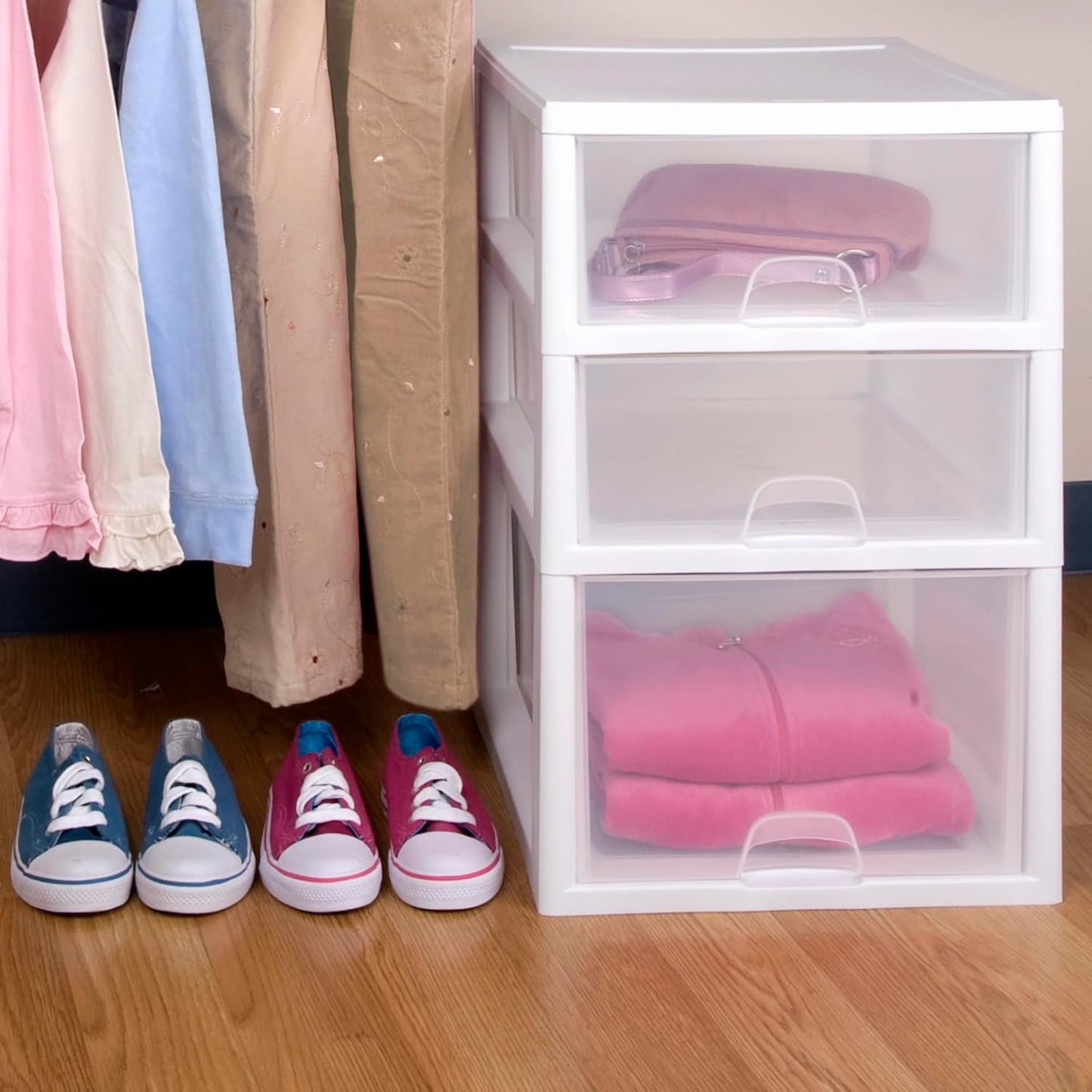 Sterilite 6-Pack 6 Quart Stacking Drawer, Clear Storage Closet Organizer, White Frame - Stackable Modular Plastic Drawers for Clothes, Accessories, Craft Supplies, Shoes or Linens