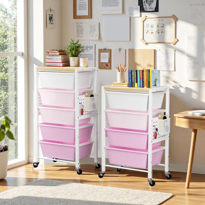 Rolling Cart with 3 Drawers, Plastic Drawer Storage Carts with Lockable Wheels & Wooden Tabletop, Metal Utility Cart Organizer, Office Bedroom Classroom Craft Organization and Storage, Bright White