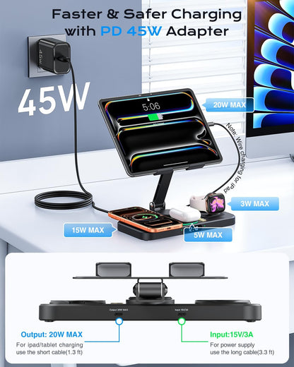 Magnetic Wireless Charging Station with 45W Adapter for Apple Devices, 20W Fast Foldable Wired Charging Stand for iPad with Clock & Night Light, Fast Mag-Safe Charger for iPhone 17, iWatch & AirPods