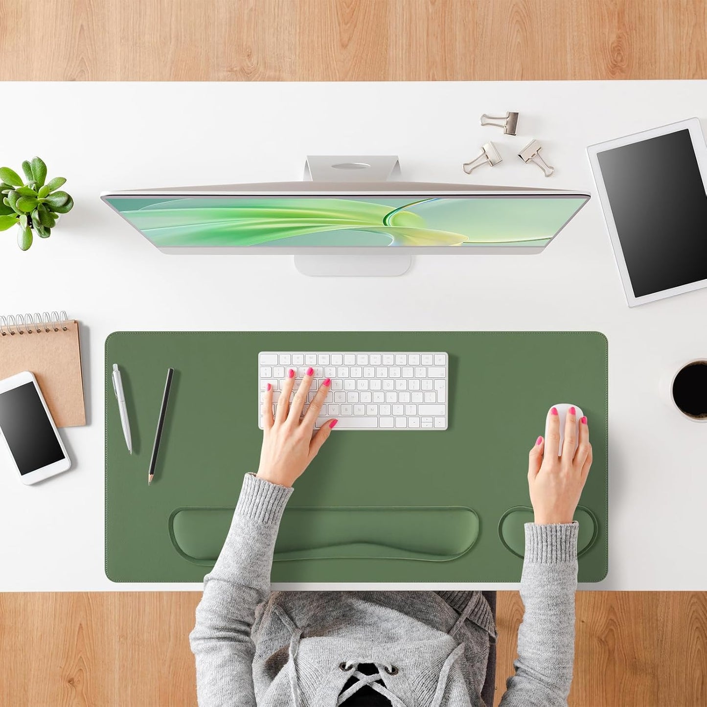 Green Desk Pad and Keyboard Wrist Rest, 3in1 Mousepad + Keyboard Wrist Rest+Mouse Wrist Rest for Home Office Table Computer Cover. (31.5×15.7,Green)