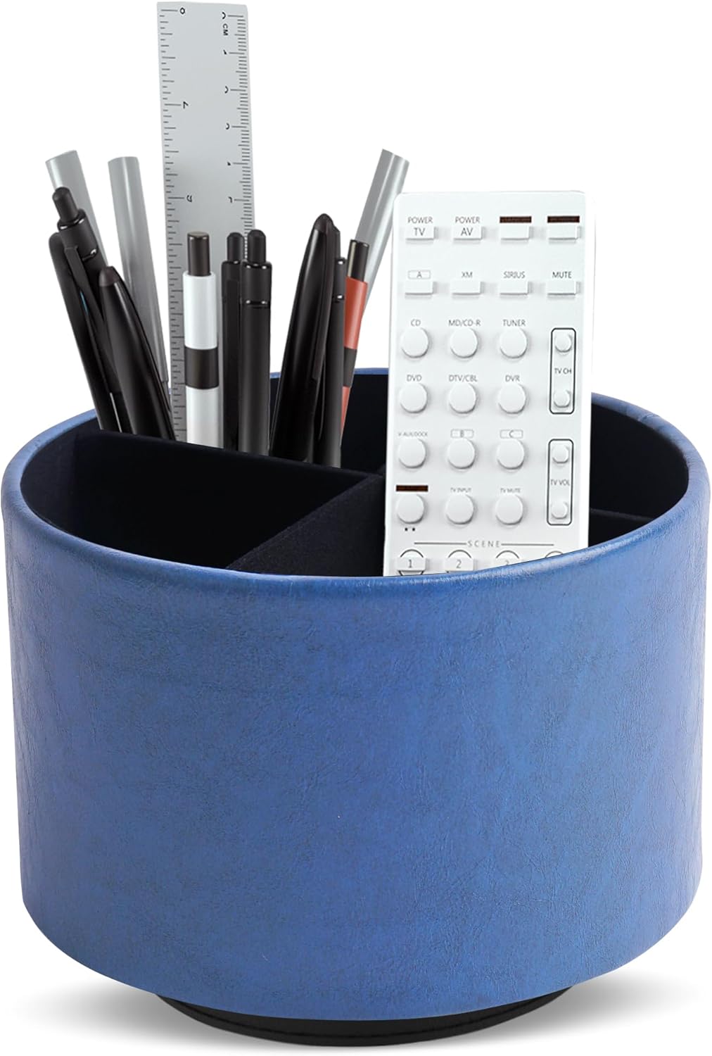 Hennaja Round Leather Art Supply Organizer,Remote Control Holder,360 Degree Rotating,Multi-Functional Pencil Holder,4 Compartments Desktop Stationary Organizer(1-Blue Bird) - Colors B