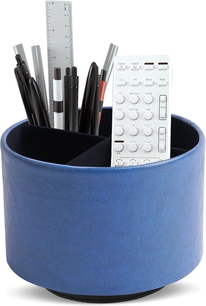 Hennaja Round Leather Art Supply Organizer,Remote Control Holder,360 Degree Rotating,Multi-Functional Pencil Holder,4 Compartments Desktop Stationary Organizer(1-Blue Bird) - Colors B