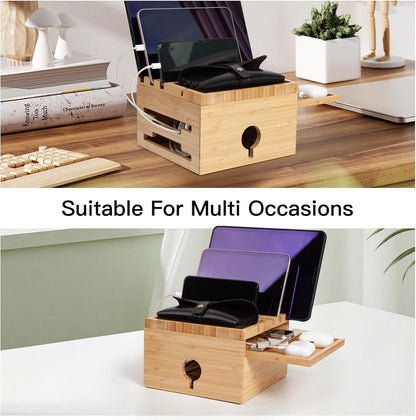 Bamboo Charging Station for Multiple Devices, Nightstand Docking Station with Small Tray, Desktop Wood Charger Organizer, Compatible with Cell Phone, Tablet, Earphones (No USB Charger and Cables)