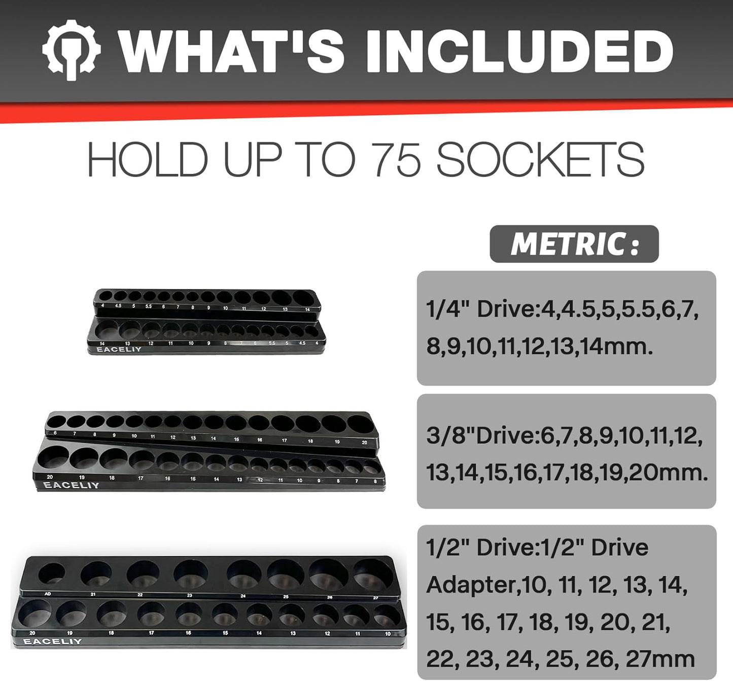 EACELIY 6-Piece Magnetic Socket Organizer Set, 1/2", 1/4" and 3/8" SAE & Metric Deep & Shallow Socket Holder Kit, holds 141 stanard Sockets, attaches to steel box/tool cart (sockets not included)