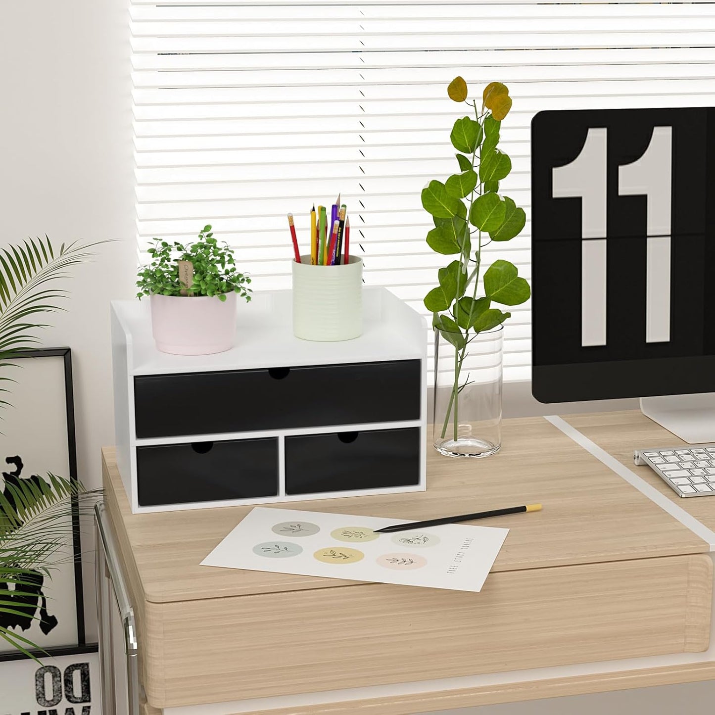 Desk Organizer with Drawers - Bamboo Desktop Organizer Storage | Wood Desk Drawers Organizer for Bills, Office Supplies, Cosmetics, Seals No Assembly Required (3 Drawer with Big Drawer)