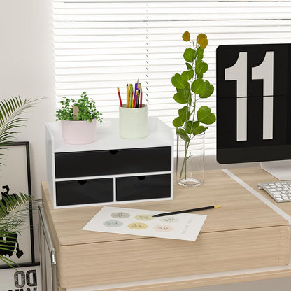 Desk Organizer with Drawers - Bamboo Desktop Organizer Storage | Wood Desk Drawers Organizer for Bills, Office Supplies, Cosmetics, Seals No Assembly Required (3 Drawer with Big Drawer)