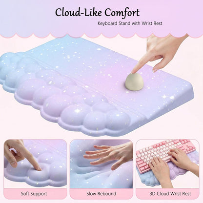 Computer Keyboard Stand Pad with Wrist Rest Purple Blue Cloud Keyboard Pad Support with Comfortable Galaxy Stars Wrist Pad Cute Girl Ergonomic Tilted Keyboard Riser Holder for Desktop Office Home