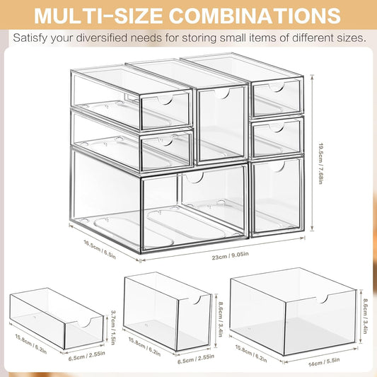 Desk Organizer with 14 Drawers, FODIENS 14 Packs Acrylic Stackable Desktop Storage Drawer Makeup Organizer, Clear Craft Storage Box Cabinets for Office Vanity Countertop Bathroom Bedroom