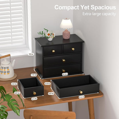 Oak Desk Organizer with Drawers, Durable Wooden Desktop Storage Box with Metal Handles & Non-Slip Silicone Pads, 4 Drawer Tabletop Organizer for Office, Bedroom, Bathroom, Vanity, and Makeup – Walnut
