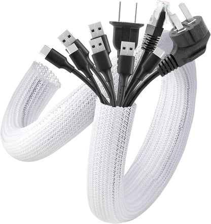 AGPTEK White Cable Sleeve, 2 Pack 5ft - 1.2 Inch Cable Management, Desk Cord Cover Organizer Wire Hider for Computer TV Wire Loom Tubing, Pet Proof Cord Protector from Cat Dog Chewing, White