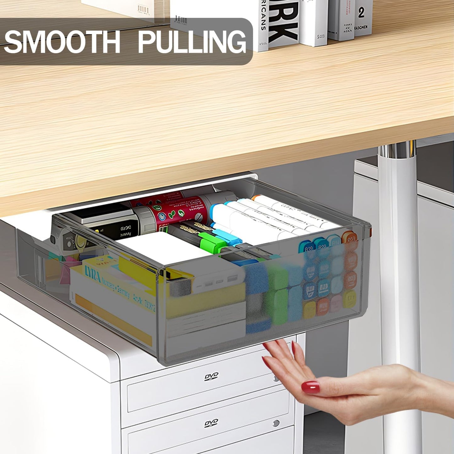 SVNNELP Large Under Desk Table Drawer Storage Organizer A4, Hidden Self-Adhesive Under Desk Pencil Tray Drawer for Office (Clear Black/L)