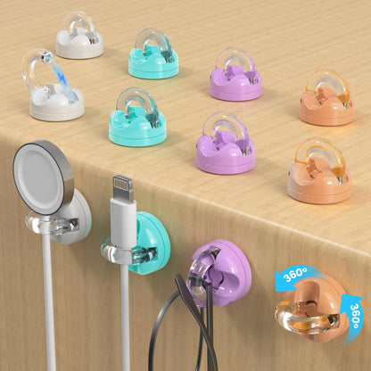 Rotatable Magnetic Cable Clips, Smooth Adjustable Cord Holder, Under Desk Cable Management, Adhesive Charging Wire Holder Keeper Organizer for Office Nightstand Wall (6-Pack Purple-Orange-Cyan)