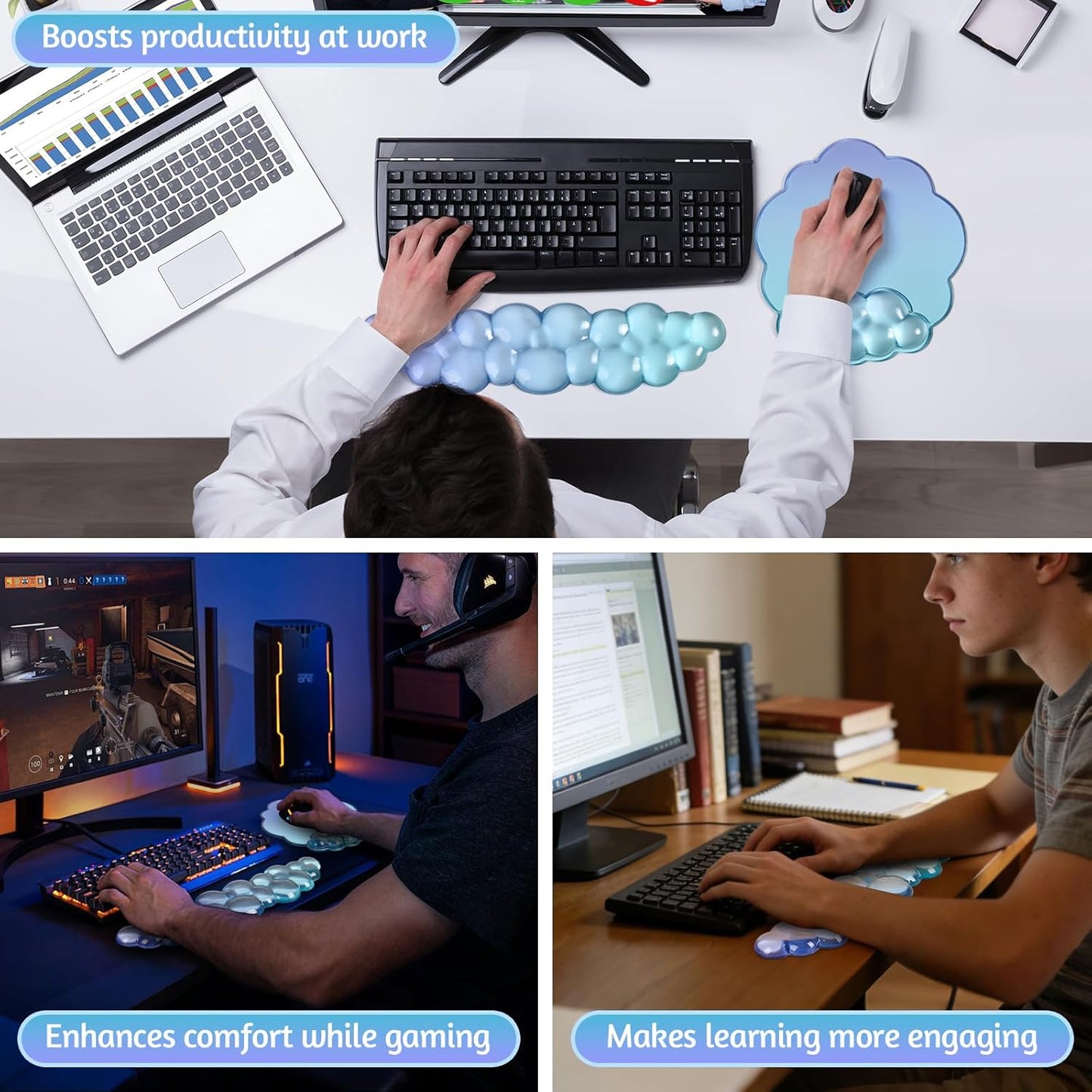 Gel Wrist Rest and Cloud Mouse Pad Support for Keyboard and Mouse - Ergonomic Pink Keyboard Wrist Pad Set for Typing Pain Relief/Computer/Laptop/Gaming/Home/Office (Cloud Shape, Gradient Blue Pink)