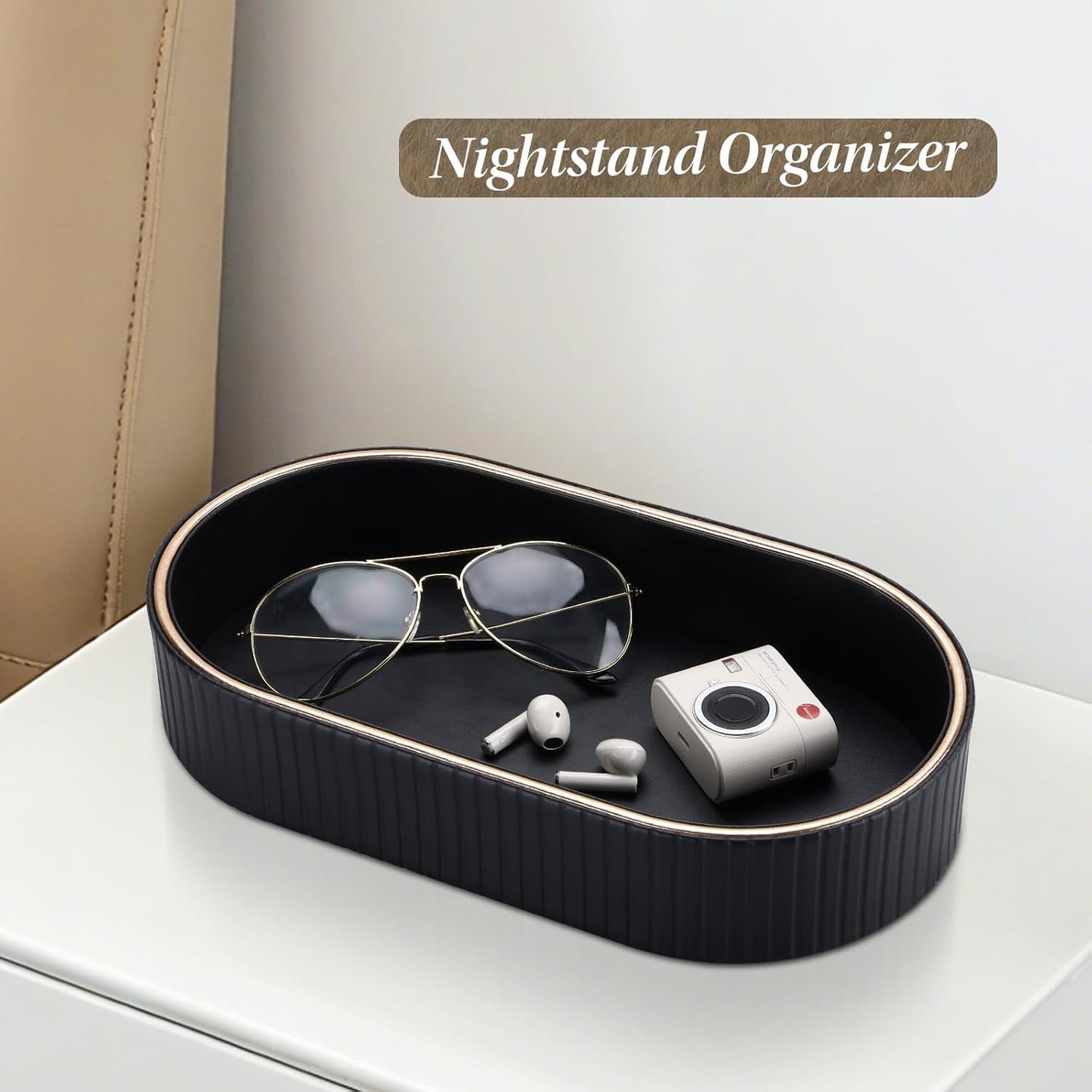 GORESE PU Leather Perfume Tray Nightstand Organizer, Small Oval Desk Tray Jewelry Trinket Trays Valet Organizer Key Bowl for Entryway Dresser Bathroom, Catchall Trays for Men Women, 11×5.9 in, Beige
