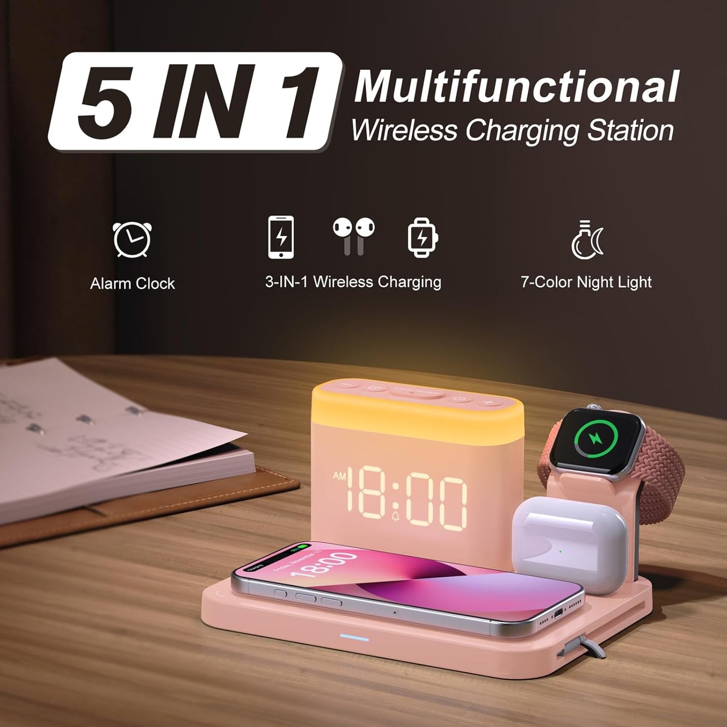 ANJANK Wireless Charging Station,5 in 1 Multiple Charger Stand with Alarm Clock,7 Night Light,Mag-Safe Charging Dock for iPhone 17 16 15 14 13 12 Pro Max Plus,Apple Watch 11/10/9/8,for Airpods,Bedroom
