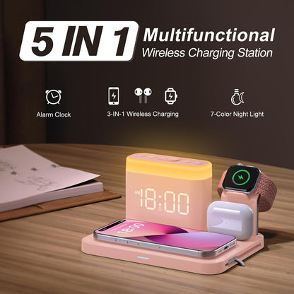 ANJANK Wireless Charging Station,5 in 1 Multiple Charger Stand with Alarm Clock,7 Night Light,Mag-Safe Charging Dock for iPhone 17 16 15 14 13 12 Pro Max Plus,Apple Watch 11/10/9/8,for Airpods,Bedroom