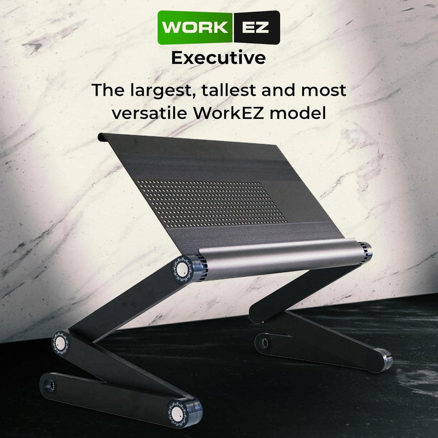 WorkEZ Executive Adjustable Ergonomic Laptop Cooling Stand & Lap Desk for Bed Couch folding aluminum desktop computer riser tray height tilt angle portable macbook cooling reading monitor,Black
