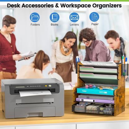 DAOUTIME 6-Tier Mesh Desk Organizer with Drawer, Wooden Office Organizer for Papers, Folders & Office Supplies - Sturdy Desktop File Holder with 2 Pen Holders - Space Saving Home Office Accessories