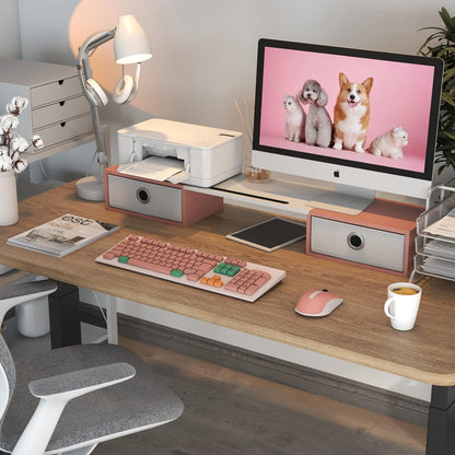 WESTREE Dual Monitor Stand Riser with Two Drawers, Extra Large Storage for 2 Monitors, Desktop Oraganizer Computer,Laptop,Screen,Printer,TV