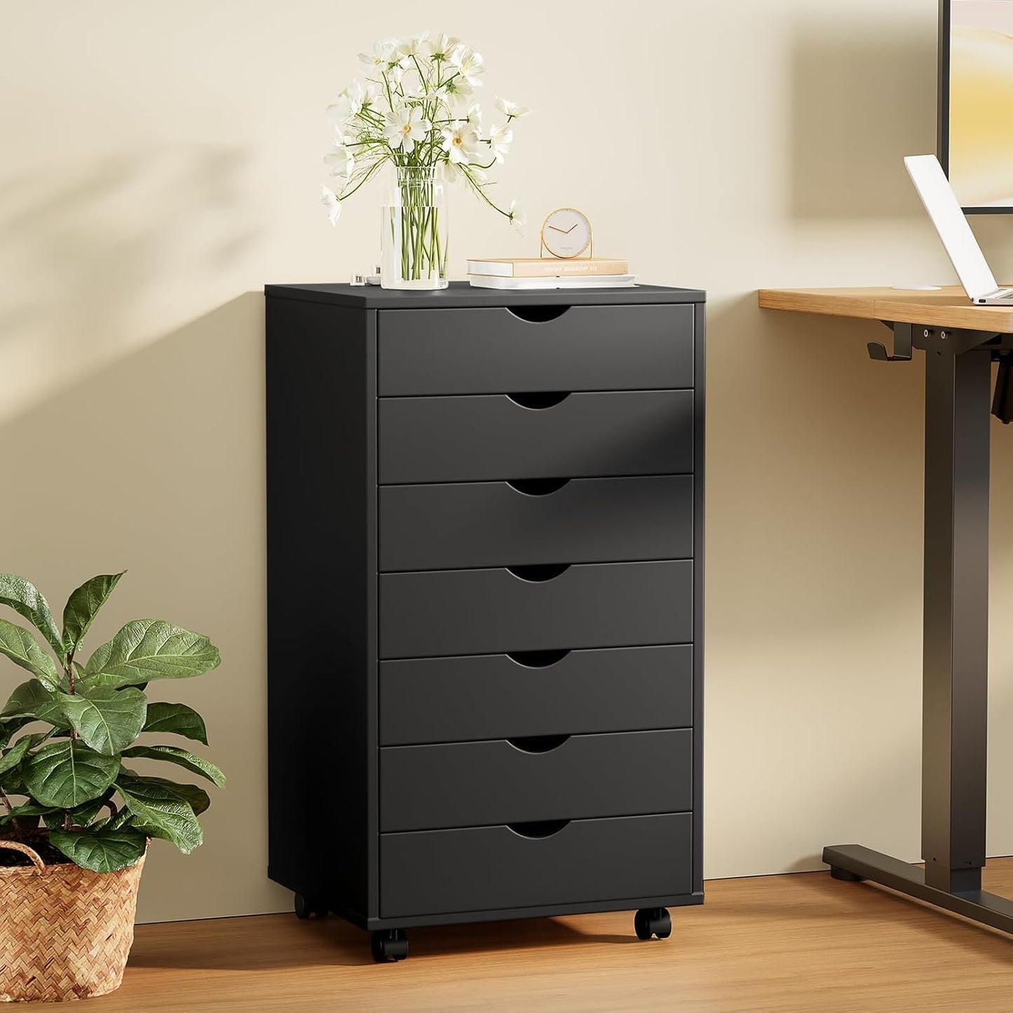 5 Drawer Mobile File Cabinet Under Desk Storage Organization with Wheels Vertical Filing Chest Rolling Wood Small Desk Printer Stand for Home Office, White