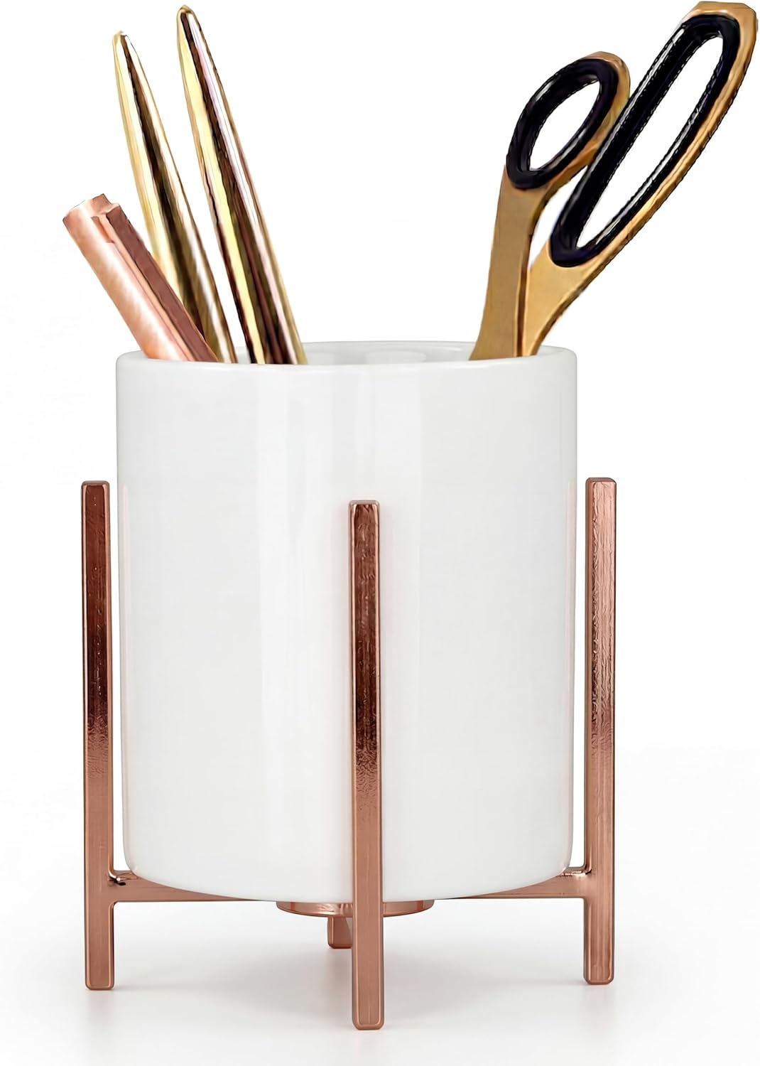 4.72" Gold Pen Holder Aesthetic Pencil Holder for Desk, Gold Desk Organizers and Accessories for Women Girls, Ceramic Pen Holder for Office