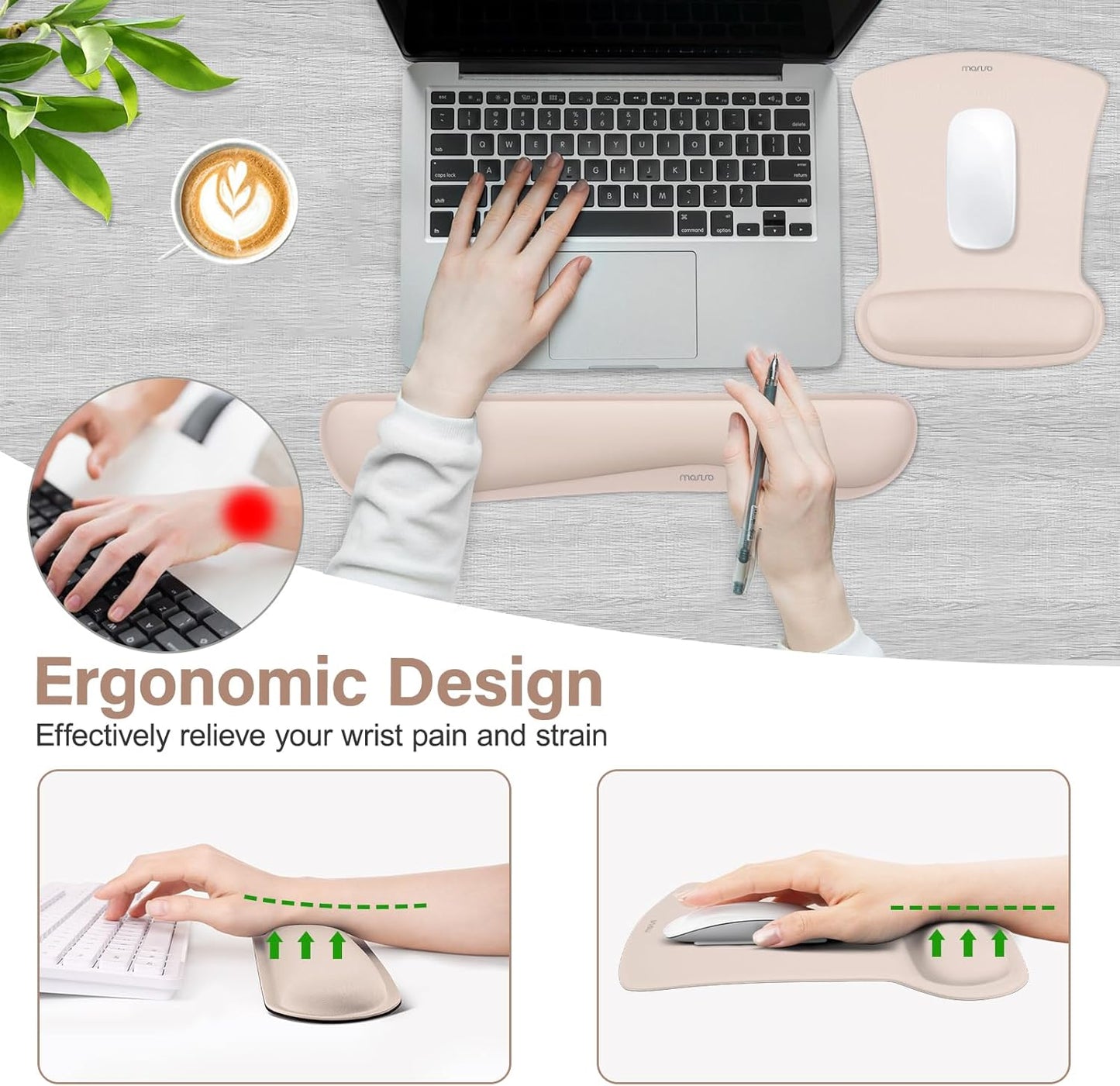 MOSISO Wrist Rest Support for Mouse Pad & Keyboard Set, Ergonomic Mousepad Non-Slip Base Home/Office Pain Relief & Easy Typing Cushion with Neoprene Cloth & Raised Memory Foam, Apricot