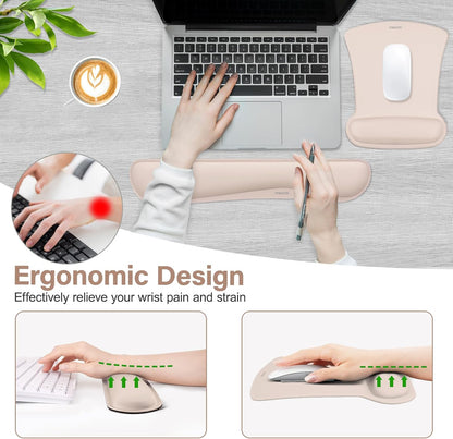 MOSISO Wrist Rest Support for Mouse Pad & Keyboard Set, Ergonomic Mousepad Non-Slip Base Home/Office Pain Relief & Easy Typing Cushion with Neoprene Cloth & Raised Memory Foam, Apricot