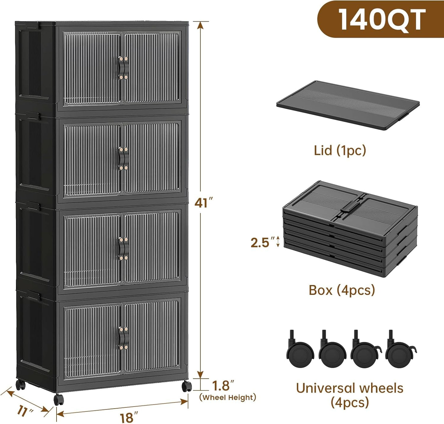 SAILUN 145Gal/580Qt Collapsible & Stackable Storage Bins with Door & a Lid,Perfect for Blanket Storage, Pillow Organizer, Bedroom Closet & Living Room, Black 26" W x 17" D x 71" H