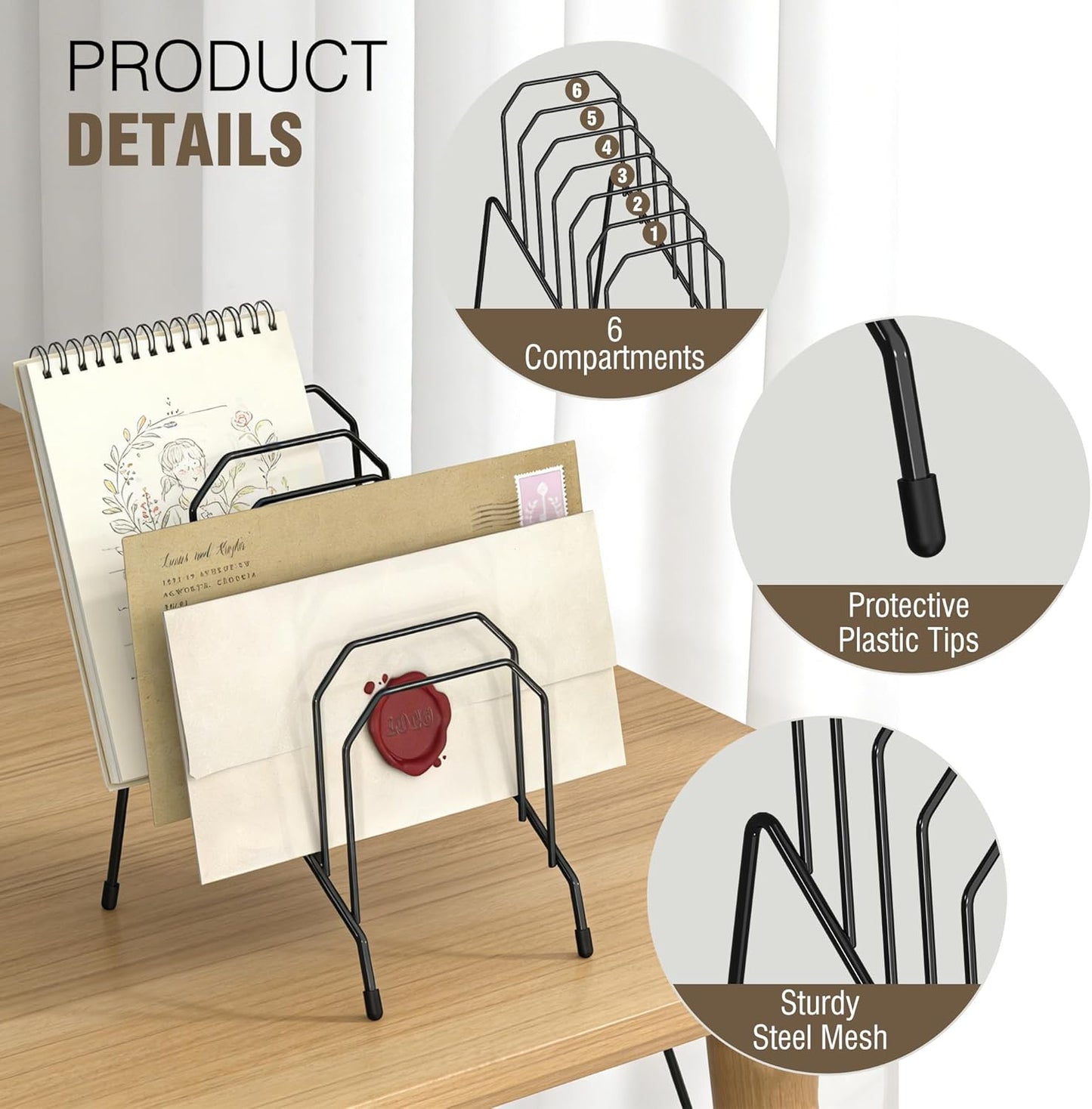 Gawerk Incline Desk Mail Organizer, Mail Sorter Letter Organizer Rack with 6-Section Vertical Compartments Rack for Letters, Postcards, Brochures, Mail Holder for Office, Home, School (2 Pack)