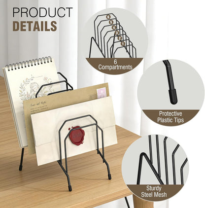 Gawerk Incline Desk Mail Organizer, Mail Sorter Letter Organizer Rack with 6-Section Vertical Compartments Rack for Letters, Postcards, Brochures, Mail Holder for Office, Home, School (2 Pack)