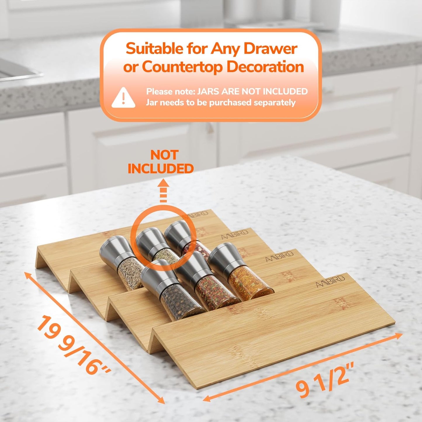 AMBIRD Spice Drawer Organizer, 4 Tier-2 Set Clear Spice Rack Tray Expandable From 11'' to 22'', Seasoning Organizer with non-slip tape for Kitchen, Cabinet, Drawers, Countertop(JARS NOT INCLUDED)