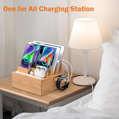 Bamboo Charging Station for Multiple Devices with 5 Port USB Charger, 5 Charger Cables and Smart Watch Stand. Wood Desktop Dock Stations Electronic Organizer for Cell Phone, Tablet, Watch, Office