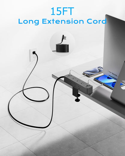 Flat Plug Desk Clamp Power Strip 10FT, 40W Total Fast Charging Station, Dual PD 20W USB C Ports, Desk Edge Mount Power Strip 9 AC Outlets 8 USB Ports(4 USB C) Surge Protector, Fit 1.7" Tabletop Edge