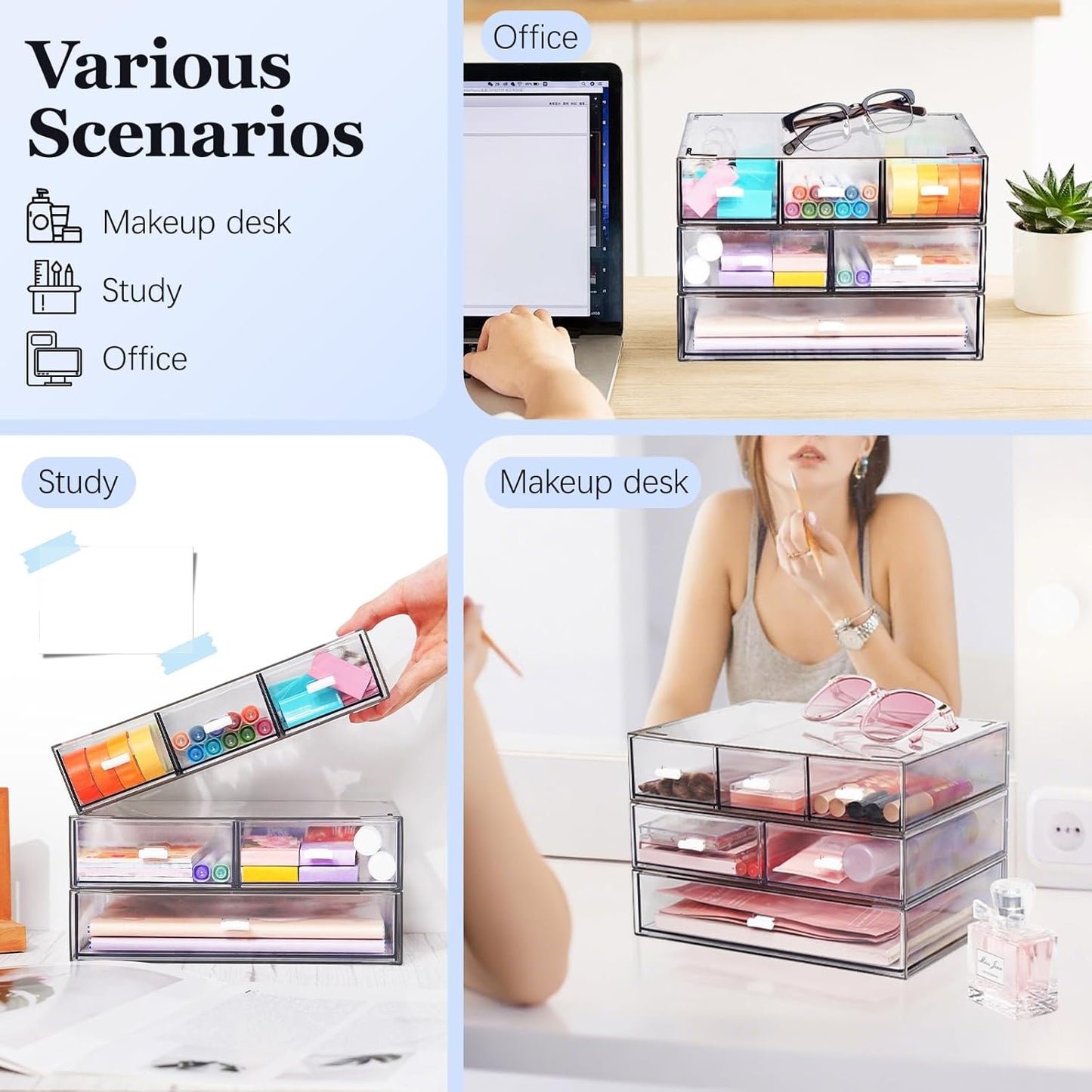 3 Tier Stackable Desk Organizer with 6 Drawers, YOCOMEY Plastic Desktop Storage Box Drawers, Detachable Makeup Storage Office Stationery Supplies Organizer for Office School(Clear)