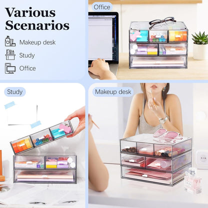 3 Tier Stackable Desk Organizer with 6 Drawers, YOCOMEY Plastic Desktop Storage Box Drawers, Detachable Makeup Storage Office Stationery Supplies Organizer for Office School(Clear)
