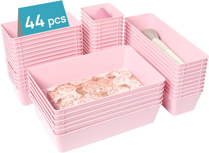 Vtopmart 44 PCS Clear Plastic Drawer Organizers Set, 4-Size Versatile Bathroom and Vanity Organizer Trays, Non-Slip Storage Containers for Makeup, Jewelries, Bedroom，Kitchen Utensils and Office