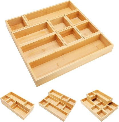 Bamboo Drawer Organizer Set, 5 PCS Multi-Use Individual Wood Storage Organizers, Junk Drawer Divider and Storage Trays Containers for Kitchen, Bathroom, Office Desk, Makeup, Jewelry, Utensils