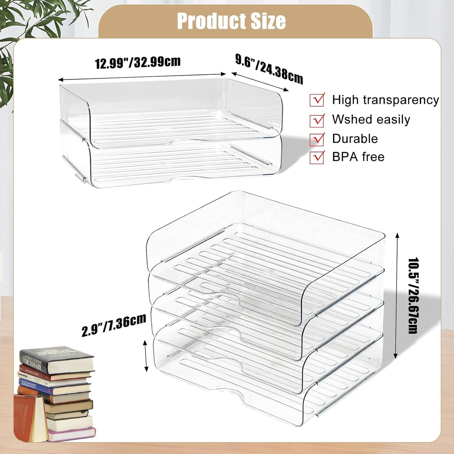 Clear Stackable Paper Trays 4 Pack, PET Letter Tray Desk Organizer, Desktop Organizers and Storage for Books, Magazines, Folders, A4 Size File Paper, Office Supplies