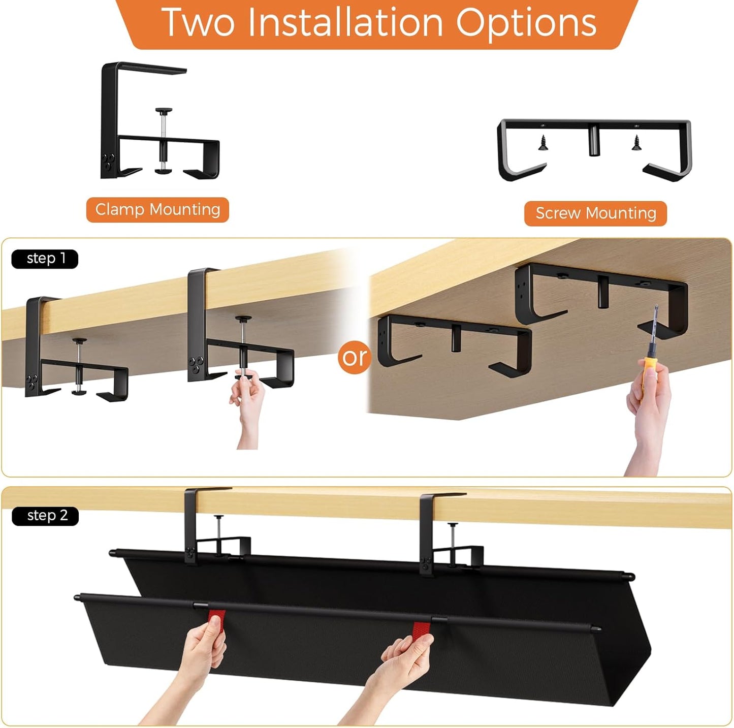 Under Desk Cable Management Tray - 36" Cord Organizer for Desk No Drill, Fabric Under Table Wire Organizer with 16X Cable Ties Hide for Office/Home, Cord Hider Fits Adapters & Sockets, White
