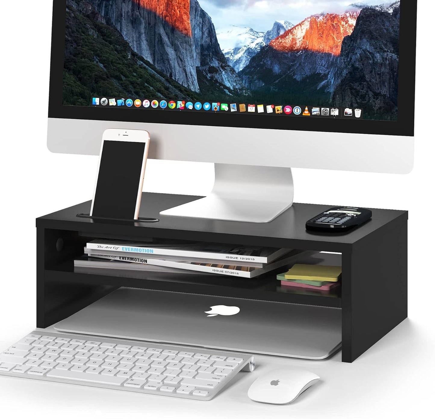 BONTEC Wooden Monitor Stand Riser, 2-Tier Desk Shelf with Storage Organizer, Ergonomic Computer Stand with Cable Management, Cellphone Holder, White, 16.5 Inch