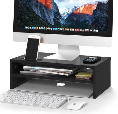 BONTEC Wooden Monitor Stand Riser, 2-Tier Desk Shelf with Storage Organizer, Ergonomic Computer Stand with Cable Management, Cellphone Holder, White, 16.5 Inch