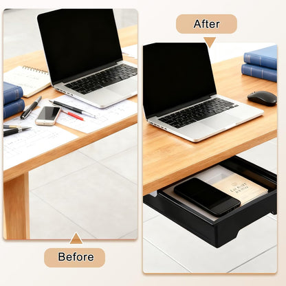 Under Desk Drawer Organizer, Self Adhesive Hidden Drawer Storage, Slide Out Desk Organizer, Space Saving Pencil & Accessories Organizer, Under Table Storage for Home Office & School, Black